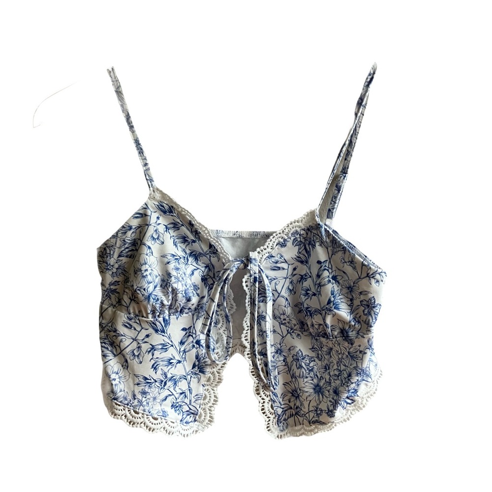SHEIN Blue Floral Lace Camisole Size S Tie Front Crop Top Strappy Festival Cami